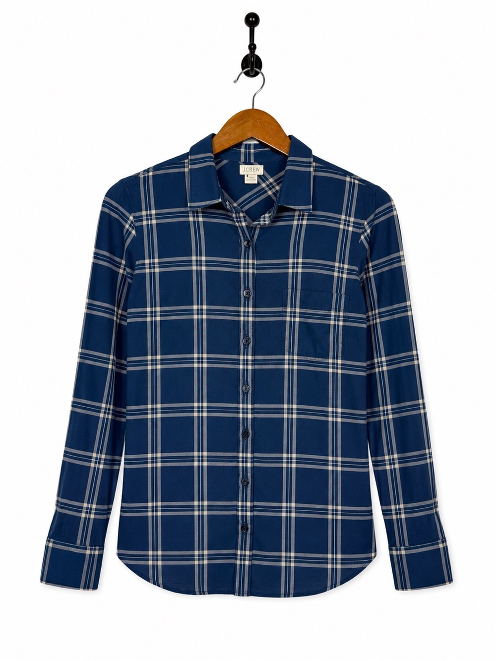 J Crew Medium Blue White Plaid Button Front Shirt Long Sleeve 100% Cotton Preppy